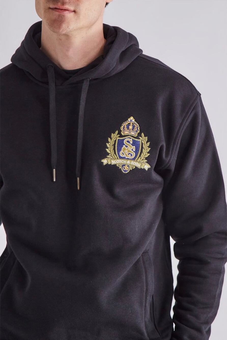 Scotch & Soda Amsterdam Black Hoodie Embroidered Crest Pullover Men’s M Preppy